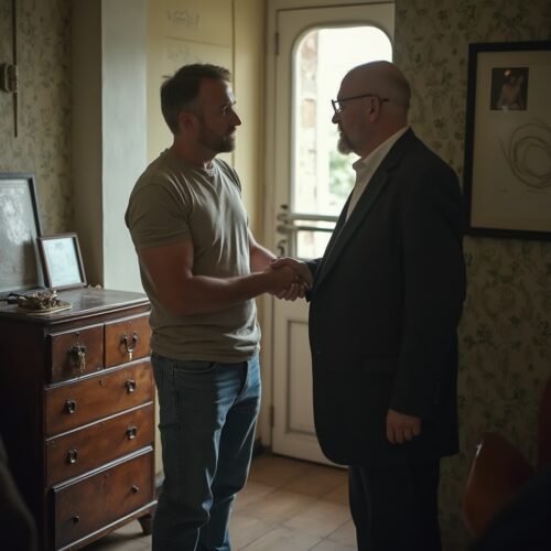 Streit zwischen Mieter und Vermieter im engen Hausflur, aggressive Gestik, besorgtes Gesicht